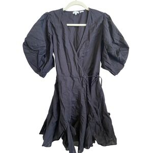Rhode Black Cotton Puff Sleeve Wrap Mini Dress Ruffle Hem Size Medium